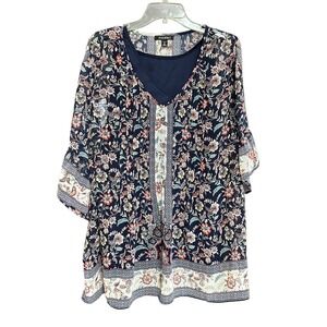 Roz & Ali 3X Navy Floral Print Bell Sleeve Tunic Top Boho Gypsy Cottagecore